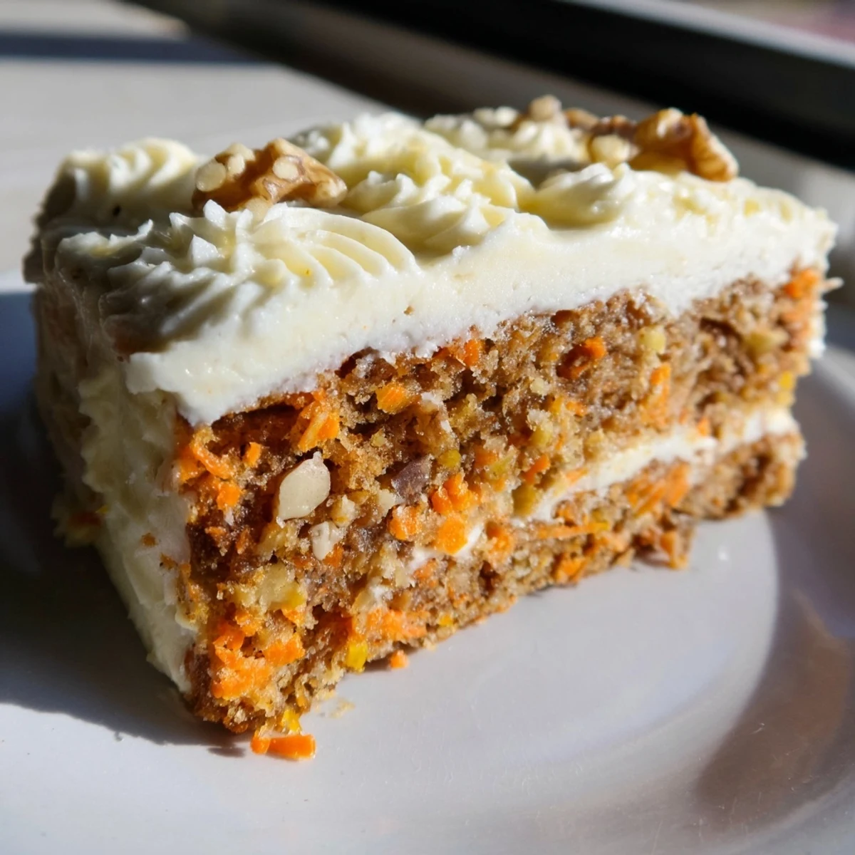 Close-up of a slice of Easter Carrot Cake with Walnuts and Pineapple on a plate, showcasing moist layers and creamy cream cheese frosting.