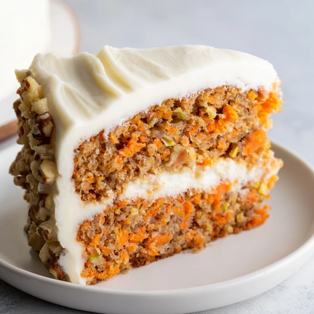 A whole Easter Carrot Cake with Walnuts and Pineapple on a cake stand, garnished with chopped nuts and ready for spring celebrations.