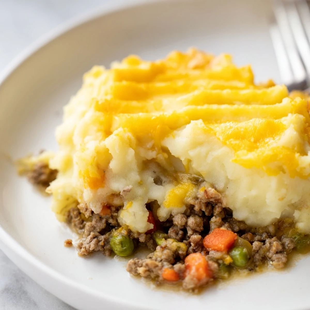 A close-up photo of golden baked Beef Shepherds Pie with Cheddar Mash, its crust bubbling beside a fresh green salad.