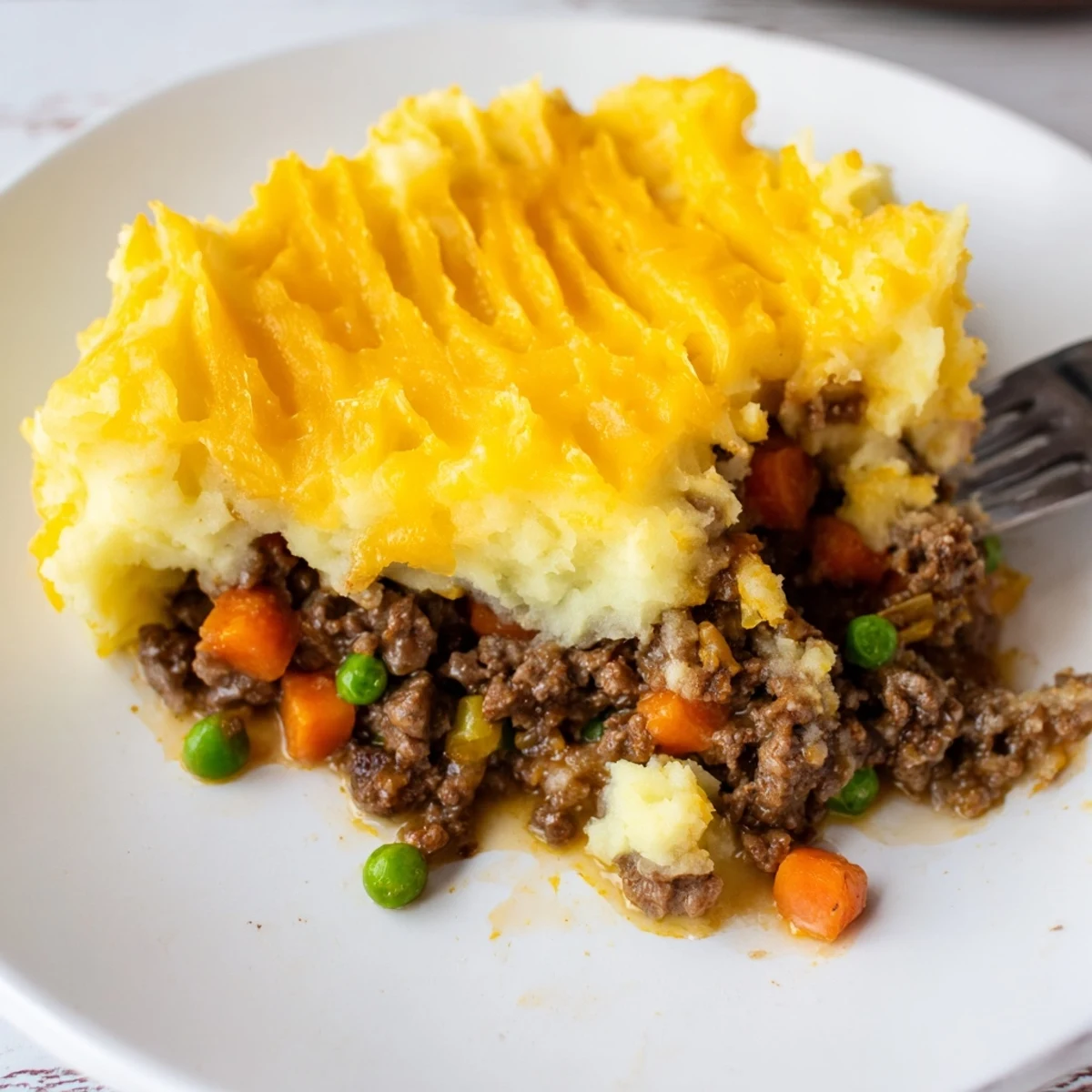 Serving suggestion of hearty Beef Shepherds Pie with Cheddar Mash fresh from the oven, revealing savory beef and peas beneath creamy potatoes.