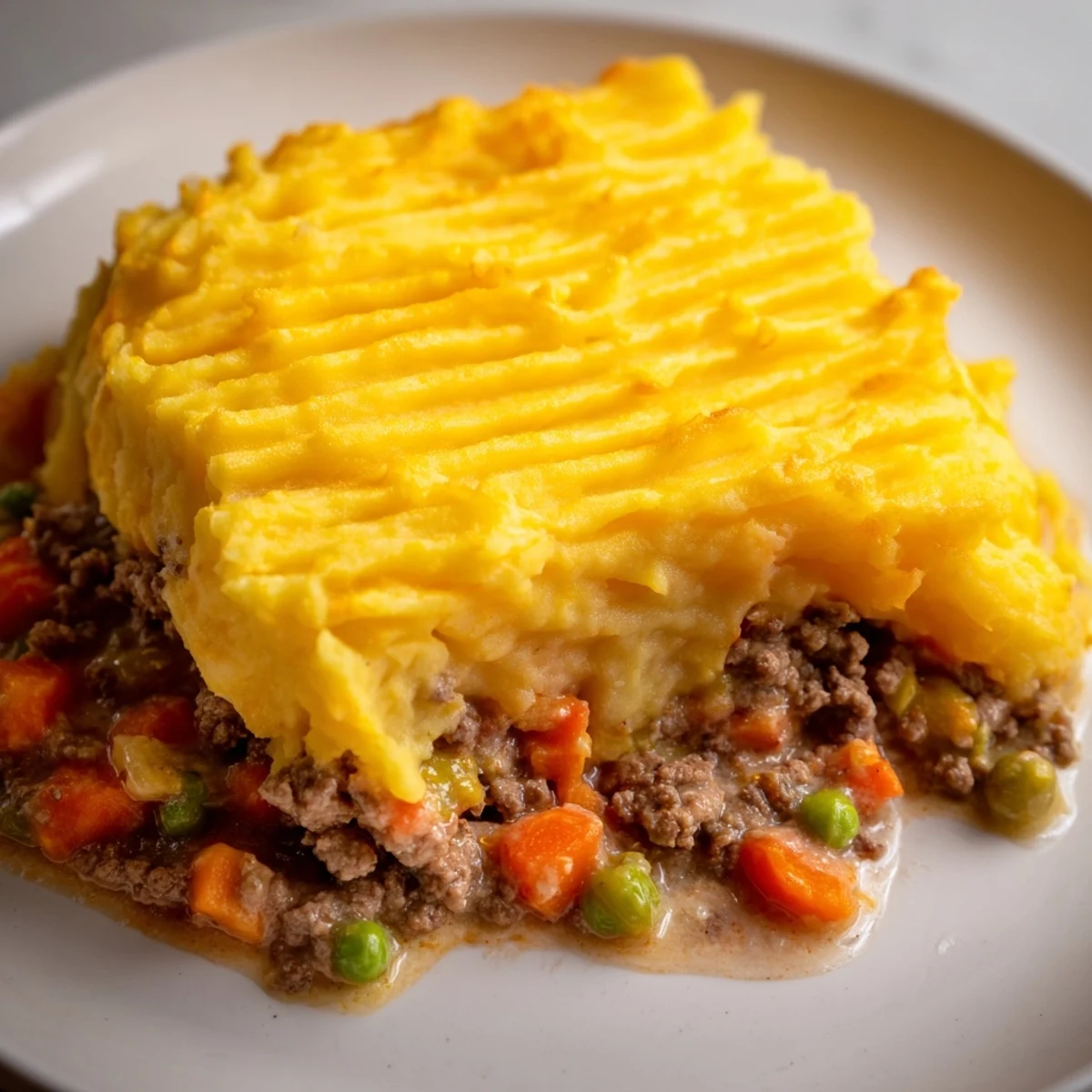 The baked top of Beef Shepherds Pie with Cheddar Mash is fork-marked and crisp, highlighting the rich, cheesy mashed potato crust.