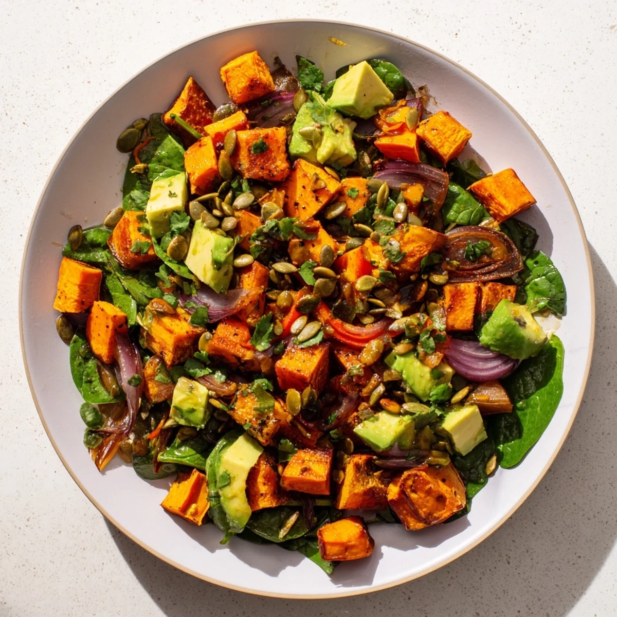 Golden roasted sweet potato salad with avocado, spinach, and toasted pepitas on a rustic wood table.