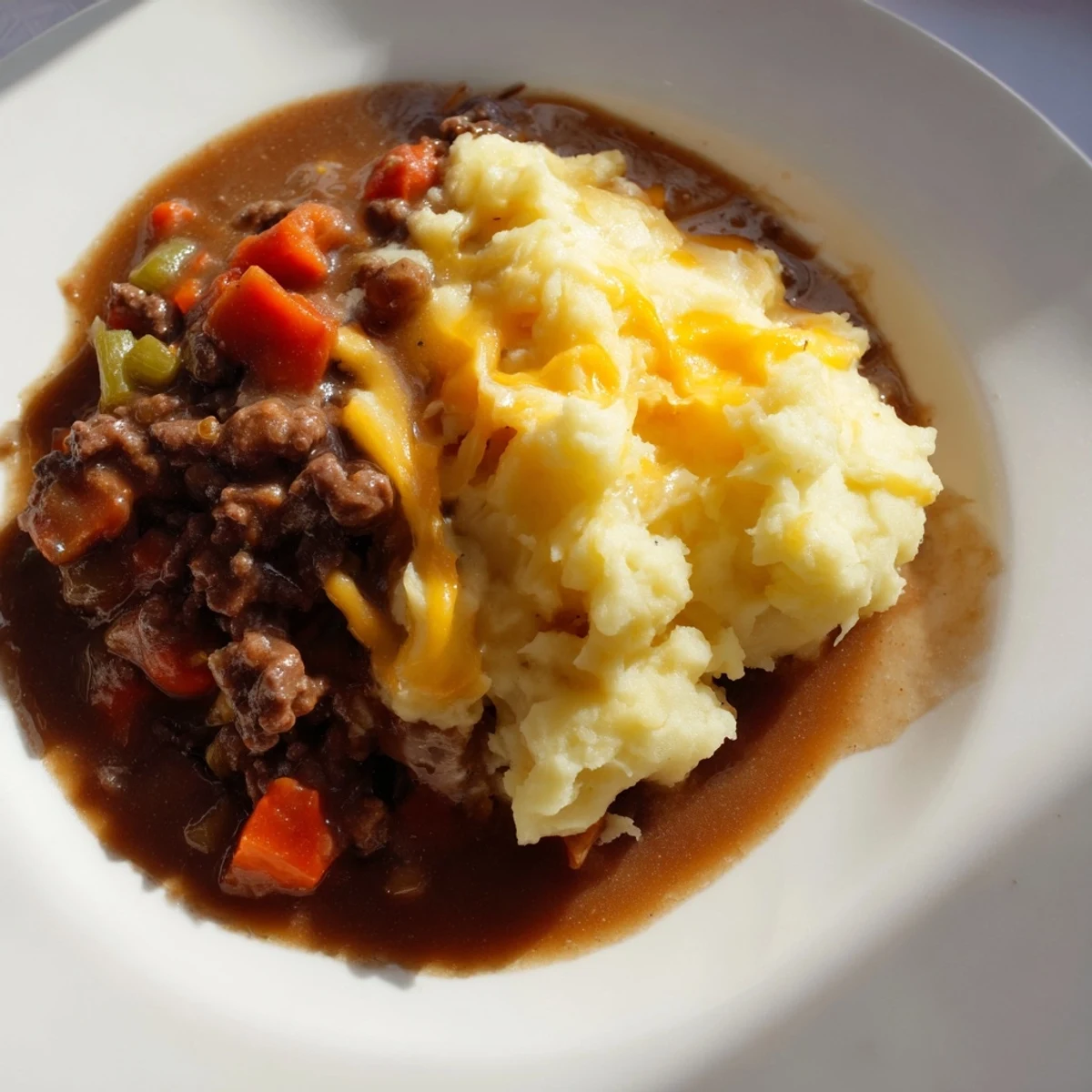 Golden-brown cheddar mashed potatoes cover a rich, bubbling Beef Shepherds Pie with Cheddar Mash, served hot.