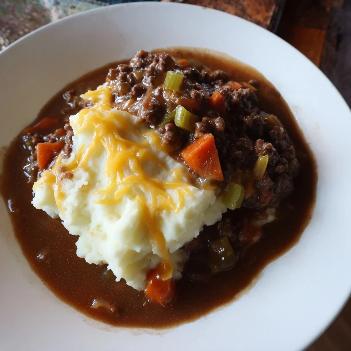A spoon lifts savory ground beef from this classic Beef Shepherds Pie with Cheddar Mash beside a salad.