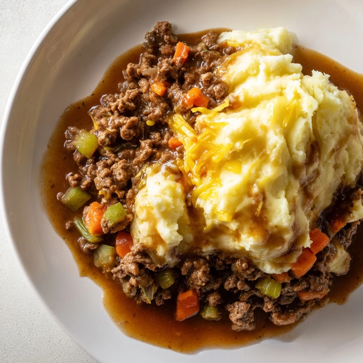 Freshly baked Beef Shepherds Pie with Cheddar Mash shows creamy mash topping and bubbly beef filling in a dish.