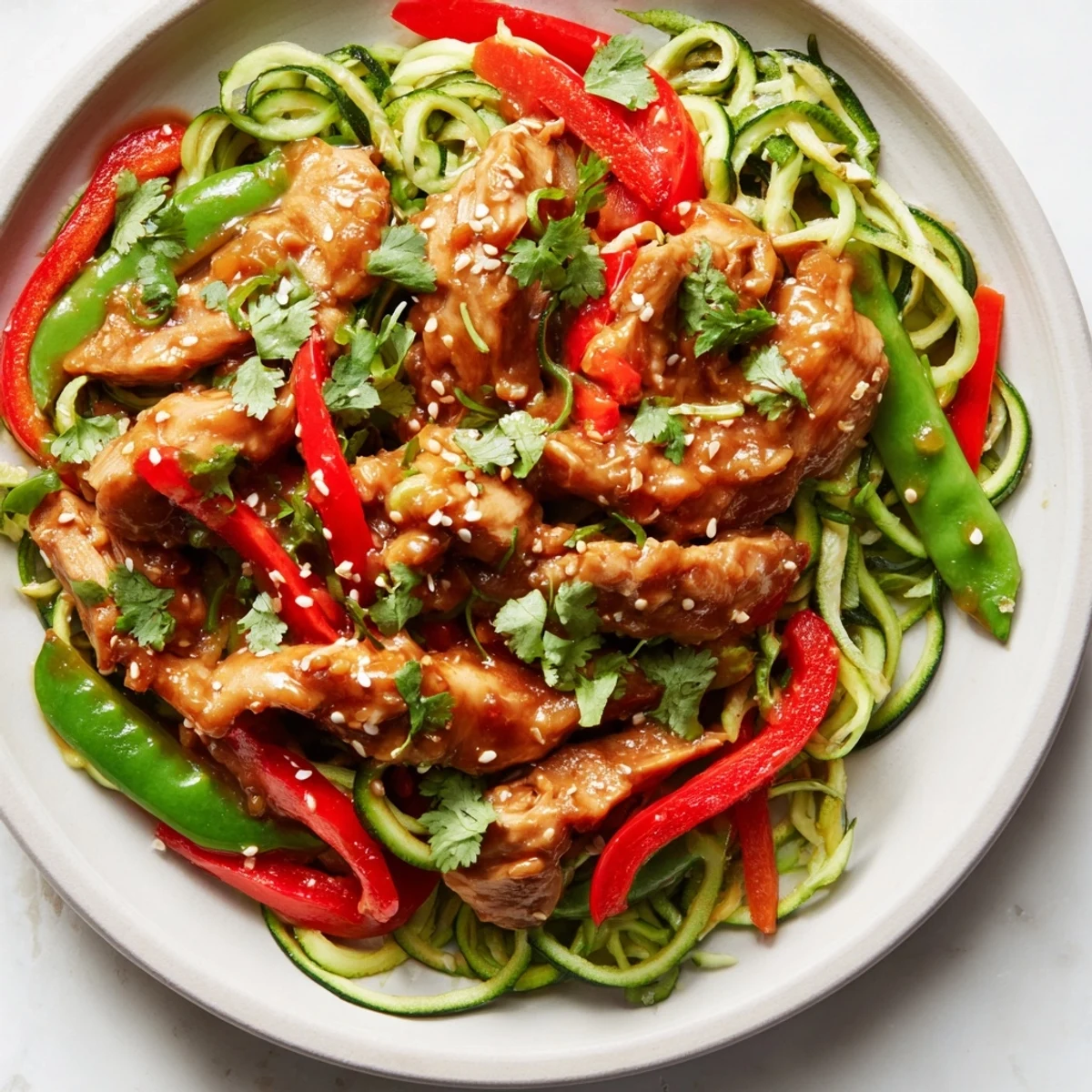 Tender chicken and crisp zucchini noodles in savory garlic sauce create this Garlic Chicken Zucchini Noodles Stir Fry for a vibrant, low-carb dinner.