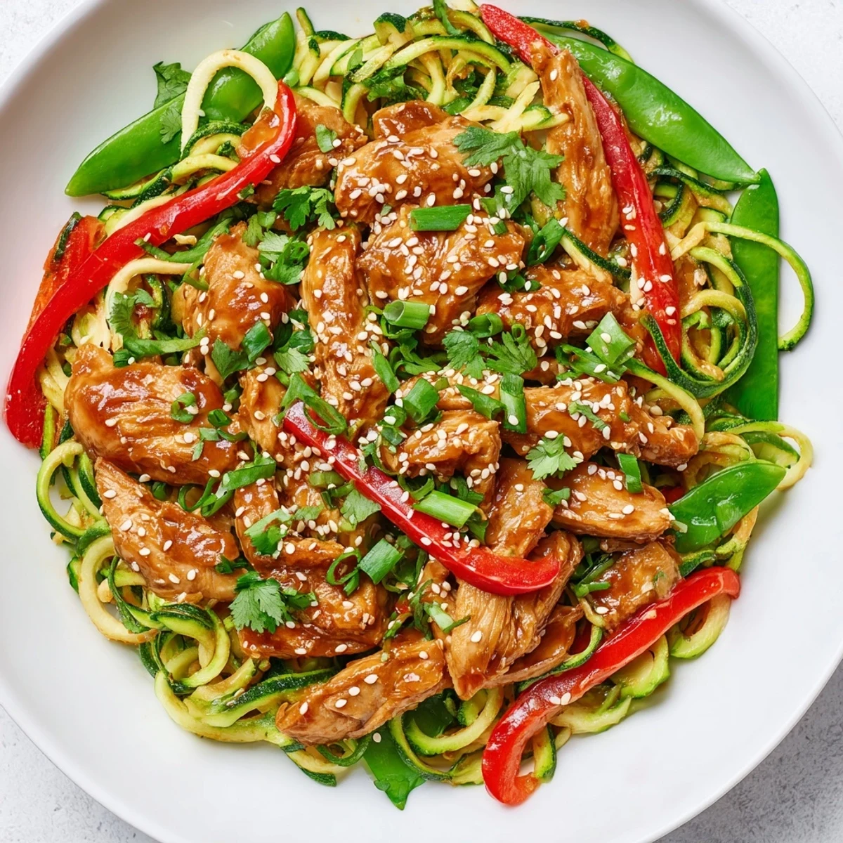A close-up shows colorful stir-fried vegetables and juicy chicken pieces coated in a glossy garlic sauce for the Garlic Chicken Zucchini Noodles Stir Fry.