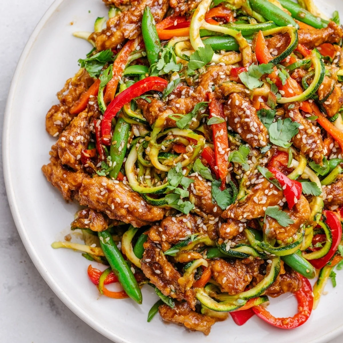 Serve this Garlic Chicken Zucchini Noodles Stir Fry garnished with sesame seeds and fresh cilantro, plated in a warm skillet for a quick weeknight meal.