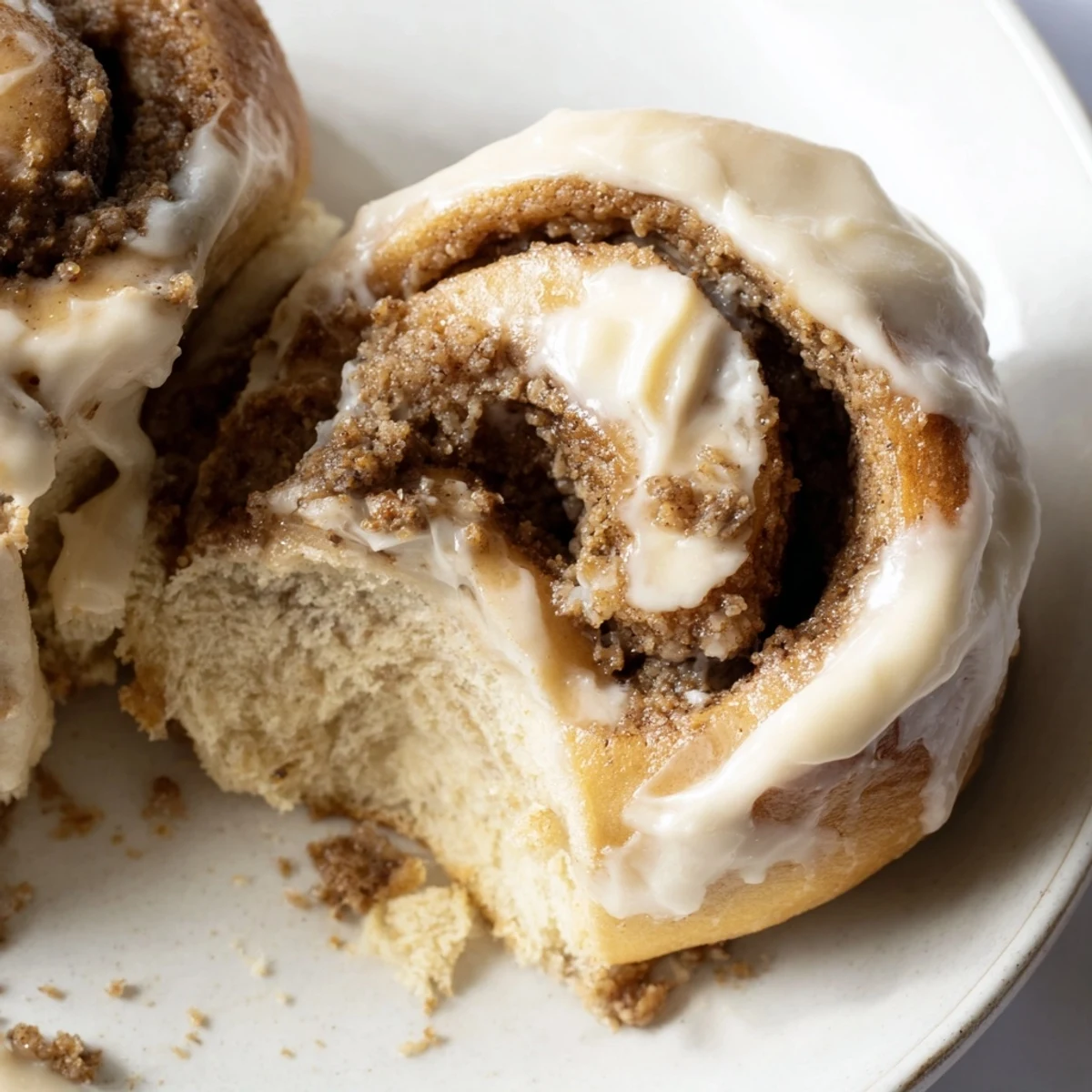 Close-up of a keto cinnamon bun with swirls of cinnamon filling and a sweet glaze ready to serve.