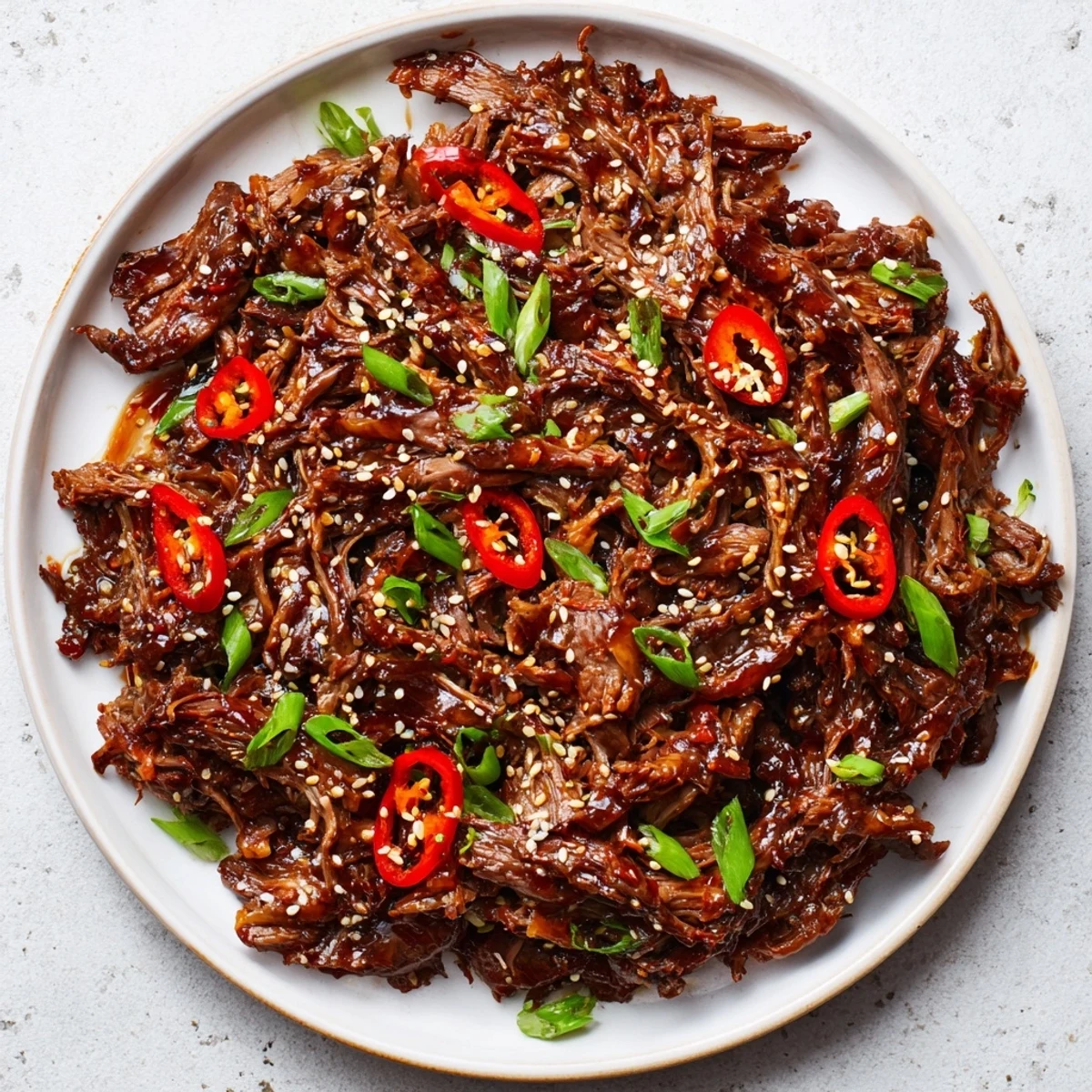 Tender Slow Cooker Korean Beef piled high in a fresh lettuce wrap with sesame seeds and chili slices for crunch.