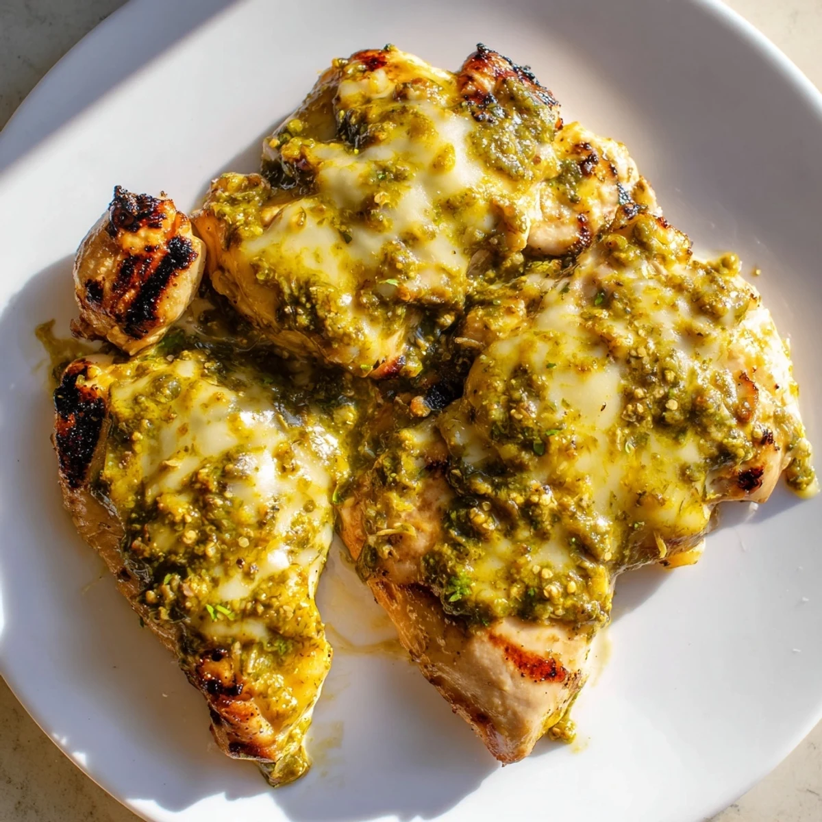 Grilled Salsa Verde Pepper Jack Chicken breasts sizzling on the grill with melted cheese and fresh cilantro garnish.