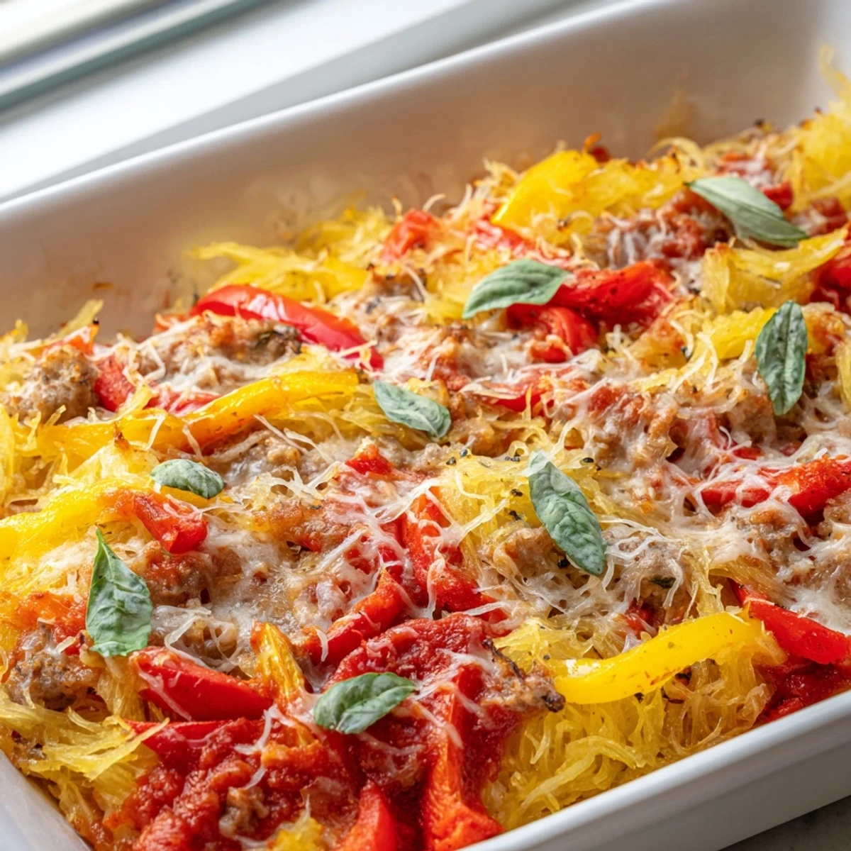 Golden-brown Sausage and Peppers Spaghetti Squash Casserole fresh from the oven, featuring melted mozzarella and roasted peppers.