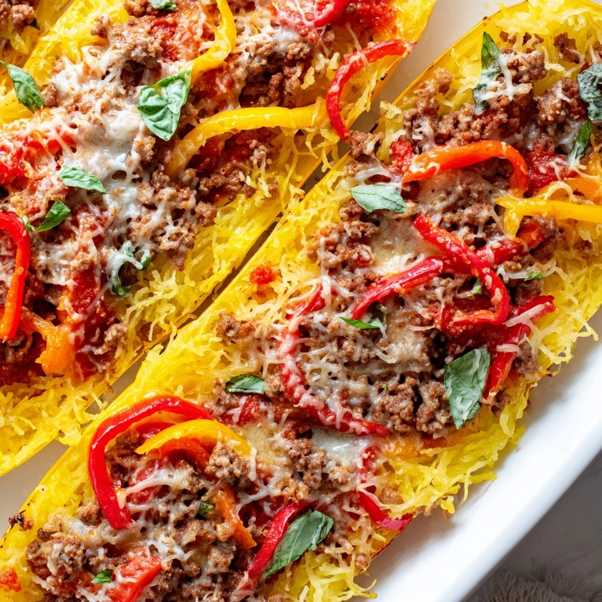 A close-up view of Sausage and Peppers Spaghetti Squash Casserole in a baking dish, with steam rising from the bubbly tomato sauce.