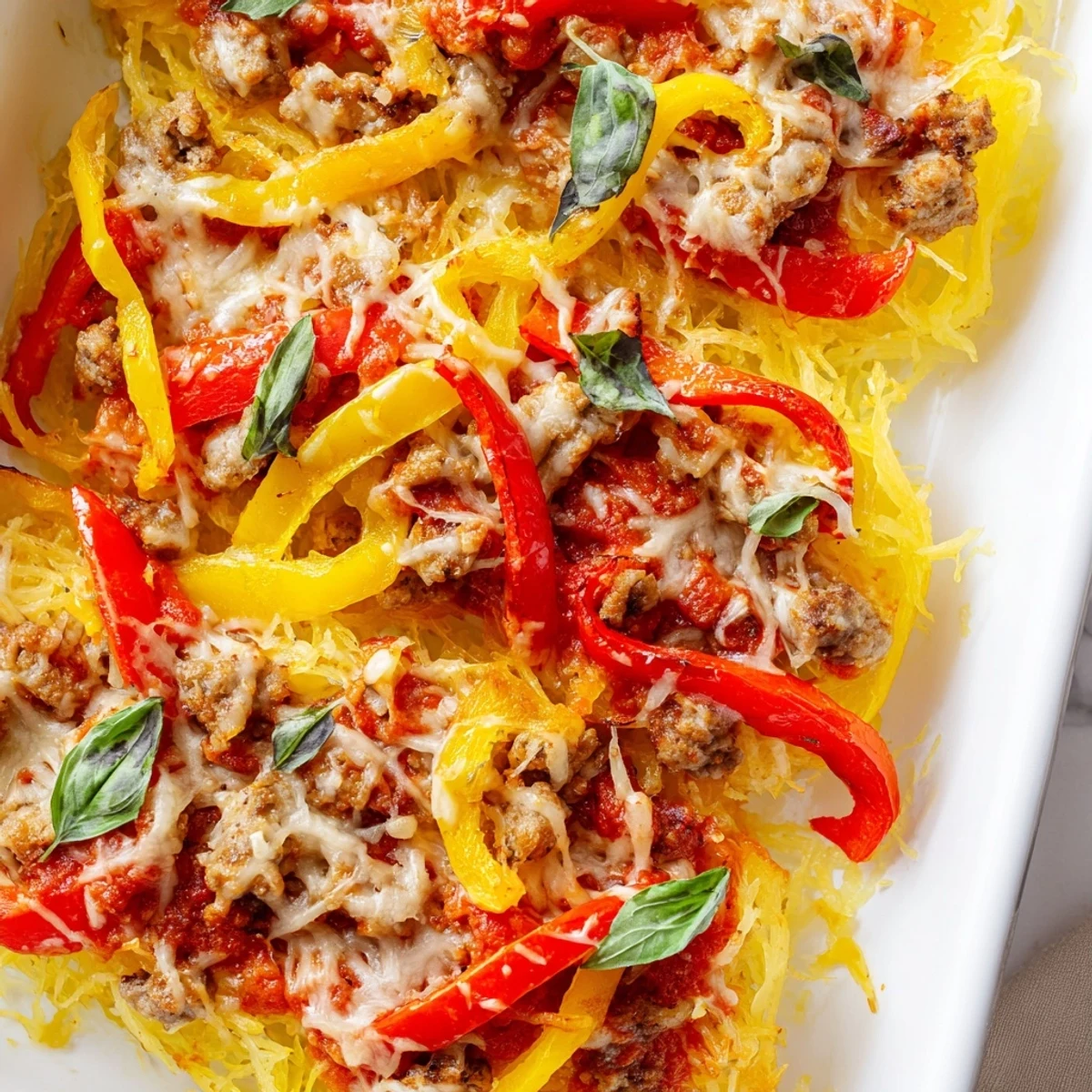 Sausage and Peppers Spaghetti Squash Casserole served on a white plate, garnished with fresh basil and a sprinkle of Parmesan cheese.