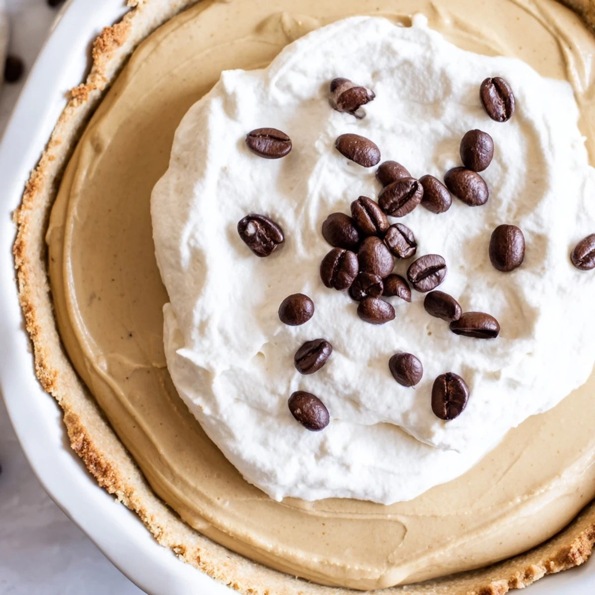 The Keto Cold Brew Coffee Pie with a smooth dark filling and fluffy whipped cream topping, served on a white plate.