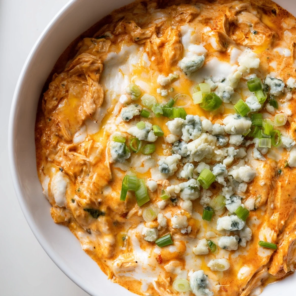 Keto Buffalo Chicken Dip served warm from the oven, topped with crumbled blue cheese and keto-friendly cucumber slices on the side.