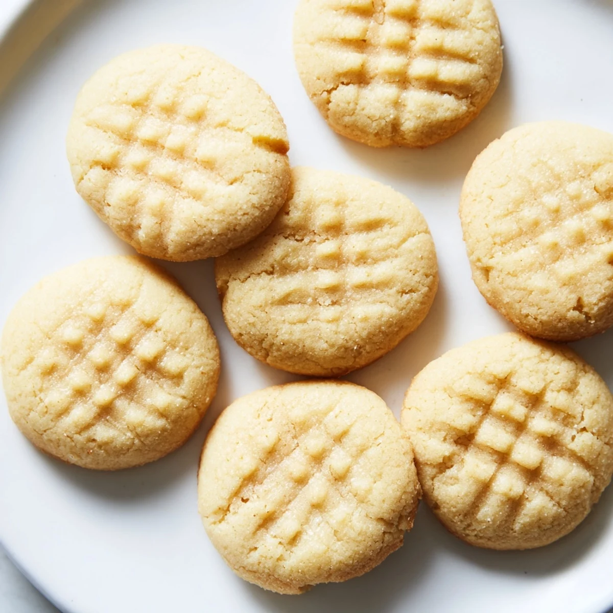 Golden-brown Keto Butter Cookies arranged on a white plate with a glass of milk for serving. 