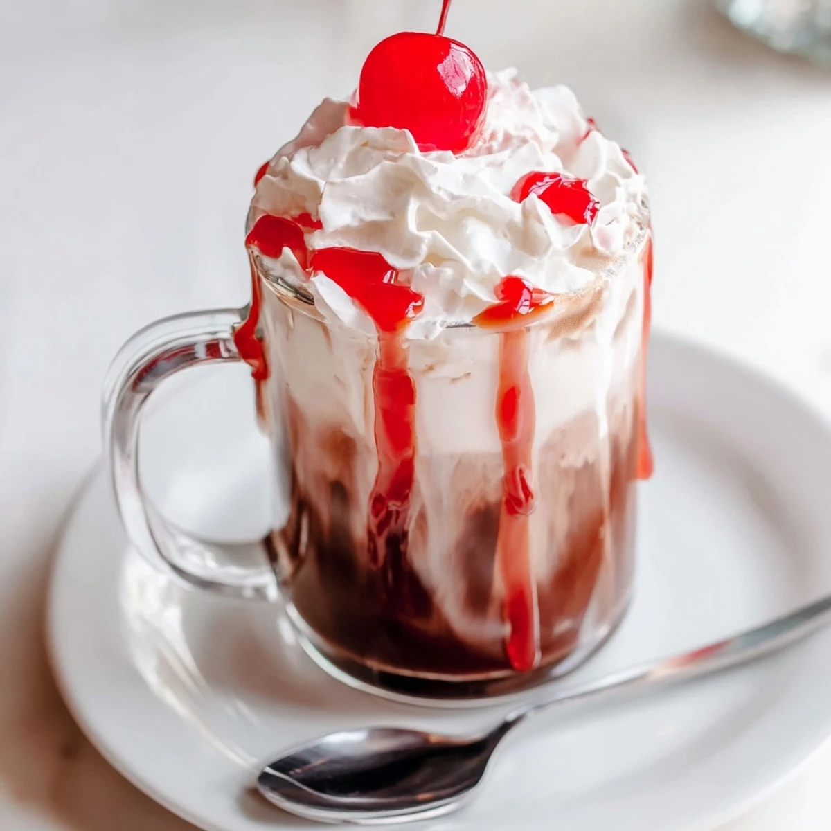 Close-up of a Viral Cherry Vanilla Latte in a clear glass mug, showing layers of espresso, creamy milk, and a swirl of red cherry syrup.