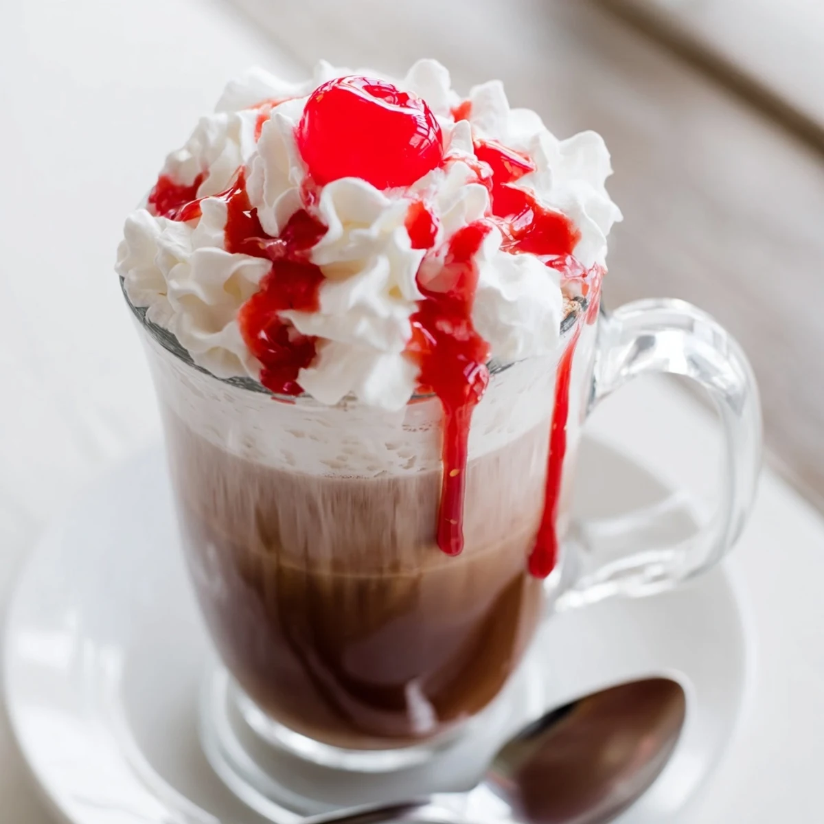 A frothy Viral Cherry Vanilla Latte topped with whipped cream and a fresh cherry garnish on a rustic wooden table.
