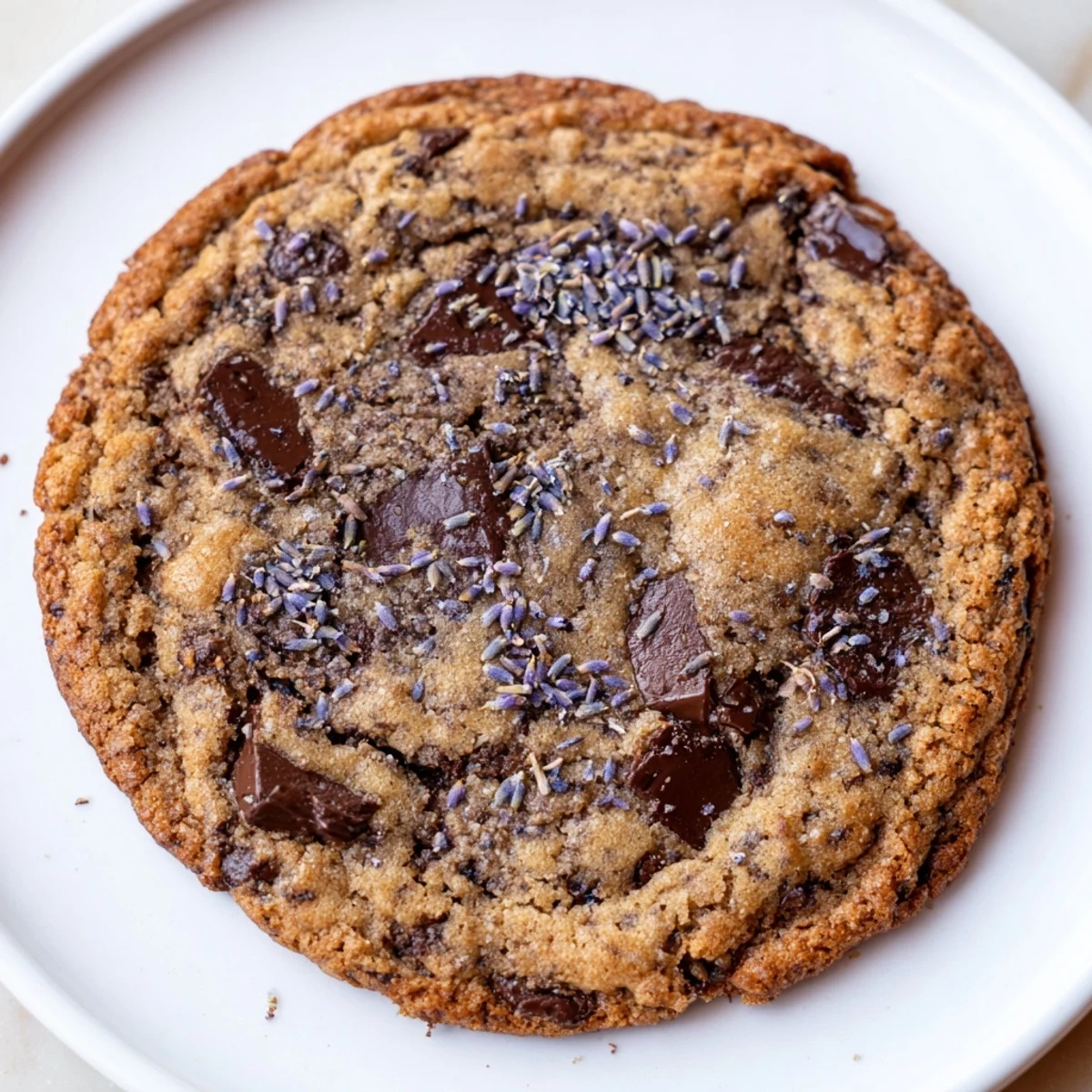 A close-up of Lavender Chocolate Chip Cookies shows crackly edges, soft centers, and floral lavender specks on a parchment-lined baking sheet.