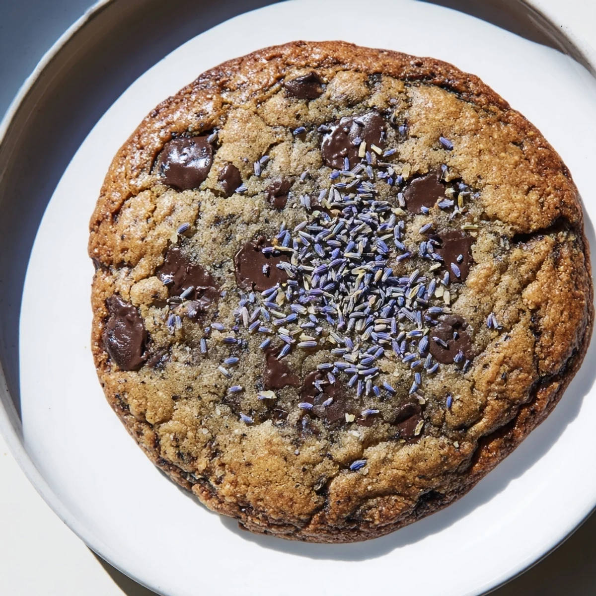 Stacked Lavender Chocolate Chip Cookies on a white plate display rich chocolate chips and delicate purple lavender sugar on top.