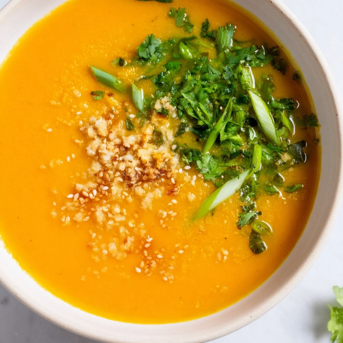 A steaming bowl of Spicy Miso Carrot Soup, garnished with fresh cilantro and sesame seeds, offering a comforting warmth.
