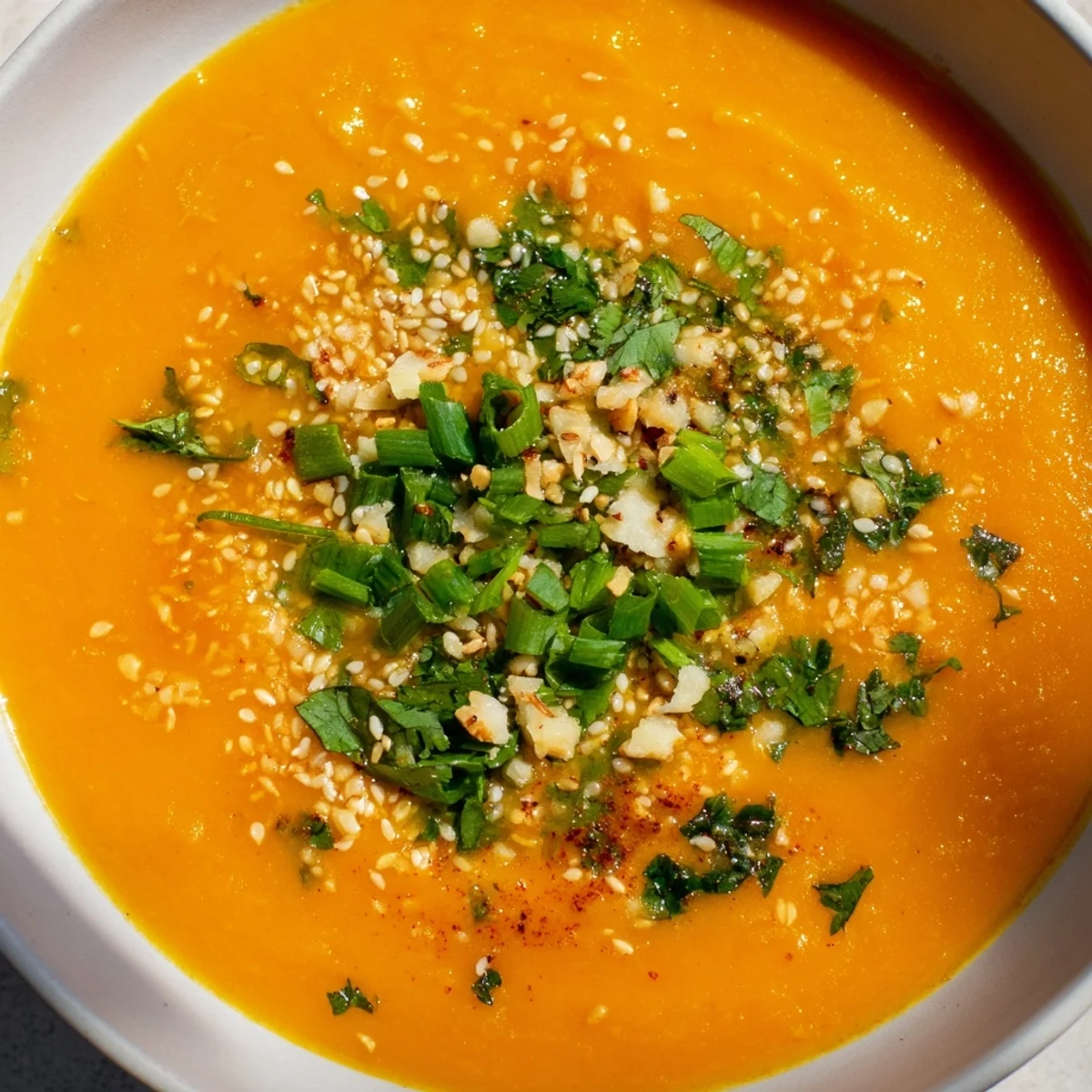 The vibrant orange Spicy Miso Carrot Soup is served in a rustic bowl with a spoon resting beside it.