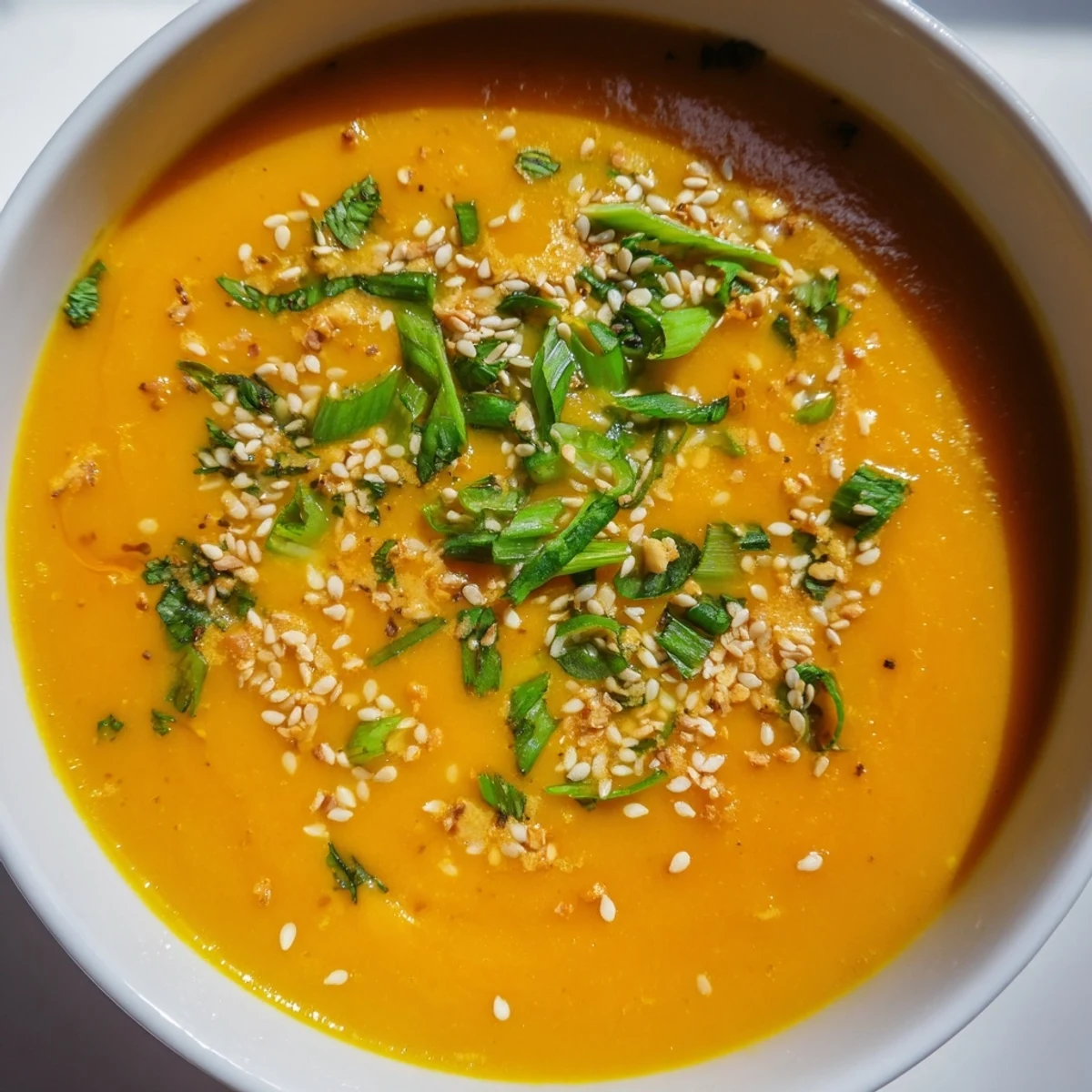 Close-up view of a creamy Spicy Miso Carrot Soup topped with sliced green onions, highlighting its smooth, rich texture.