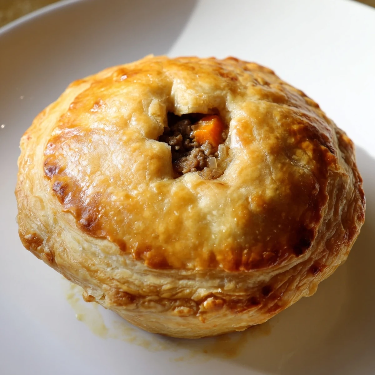 A close-up view of golden Savory Beef Meat Pies with flaky pastry and a side salad.