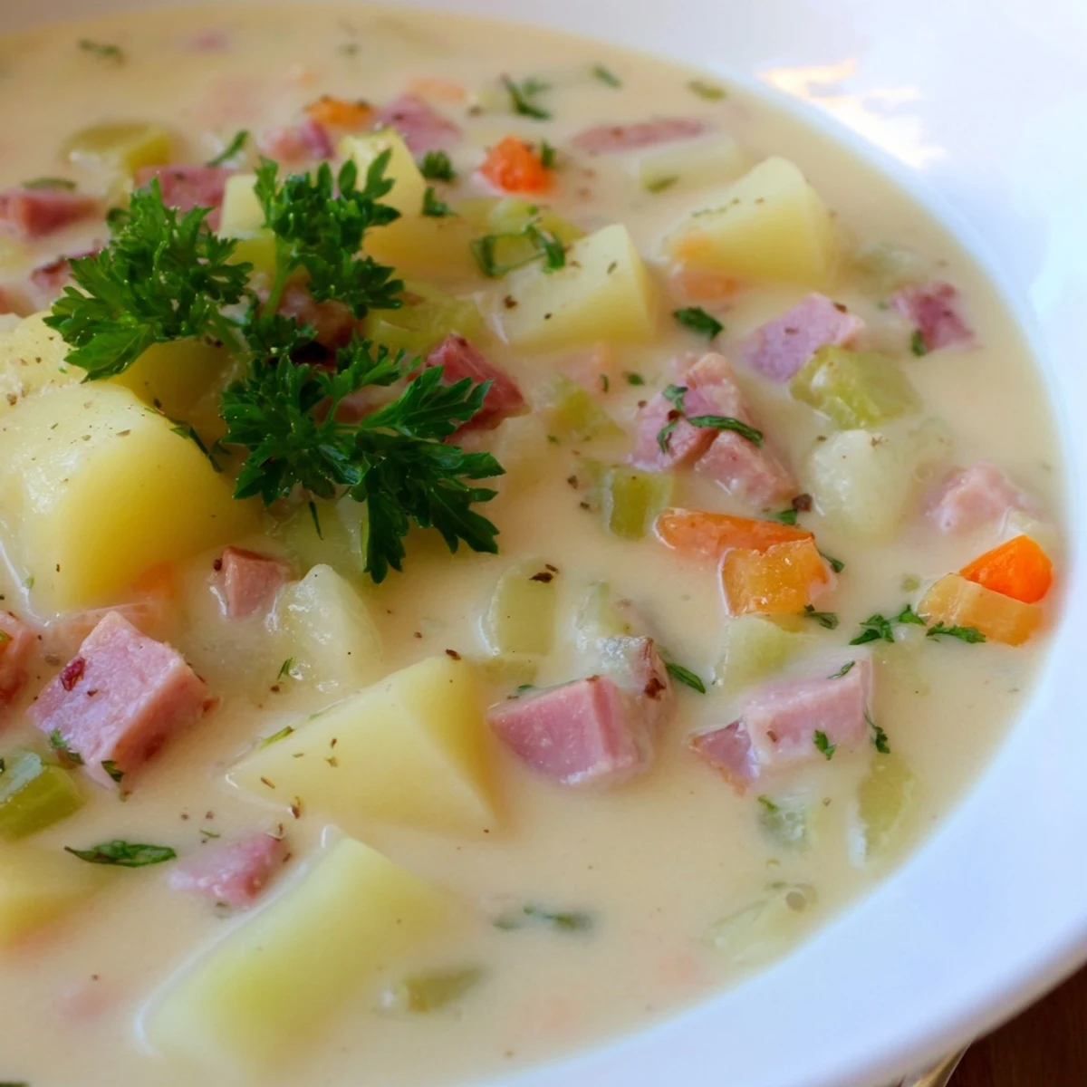 Close-up photo of Light Ham & Potato Chowder featuring creamy broth, tender diced ham, and golden potatoes.