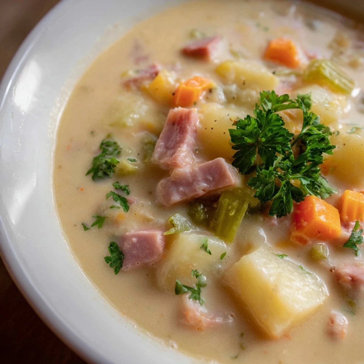 Steaming bowl of Light Ham & Potato Chowder garnished with fresh parsley and served alongside crusty bread.