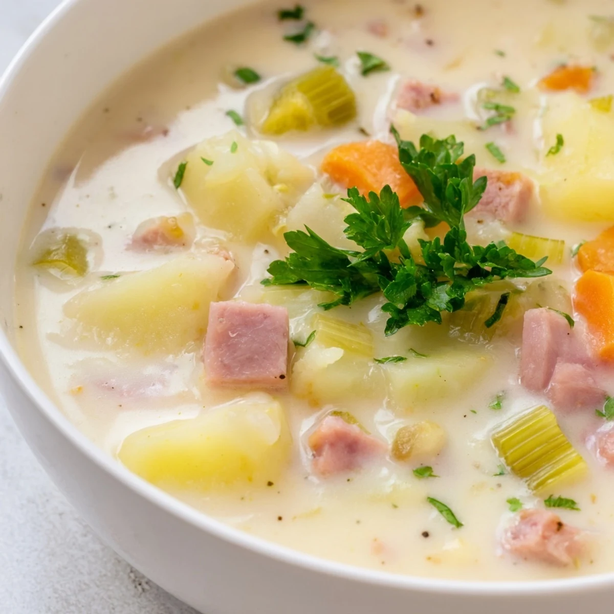 Hearty Light Ham & Potato Chowder in a rustic bowl, perfect for cozy nights with a side salad.