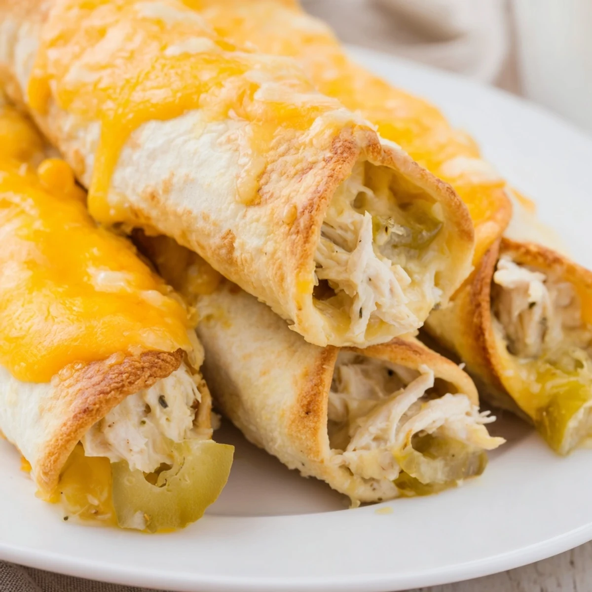 Golden-baked Dill Pickle Ranch Chicken Taquitos rest on a wire rack, steam rising from the crispy shells.