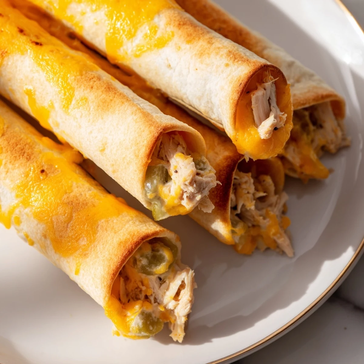 Fresh dill and green onions garnish the plate of Dill Pickle Ranch Chicken Taquitos alongside creamy dip.
