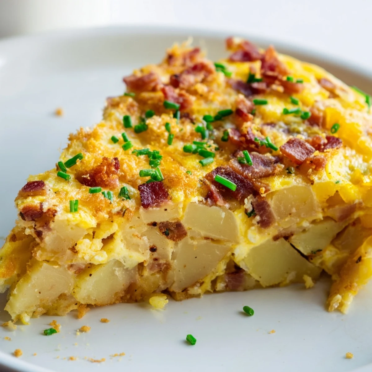 Golden slices of Bacon Potato Frittata rest on a white plate, featuring crispy bacon bits and melted Gruyère cheese.  
