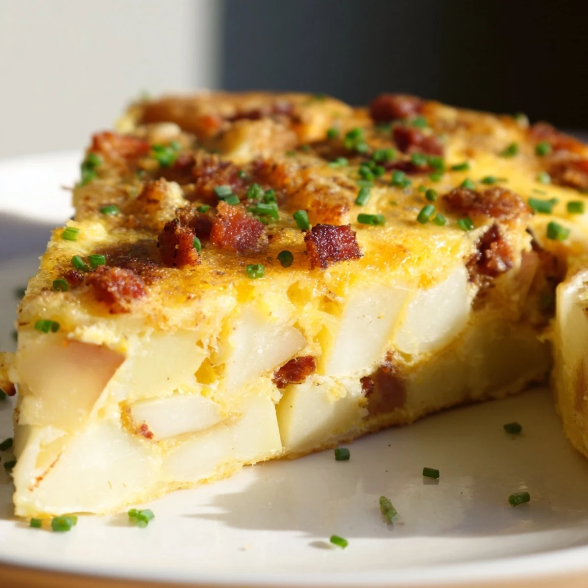 Close-up of a hearty Bacon Potato Frittata with tender potatoes and fresh chives, served alongside a simple green salad.  
