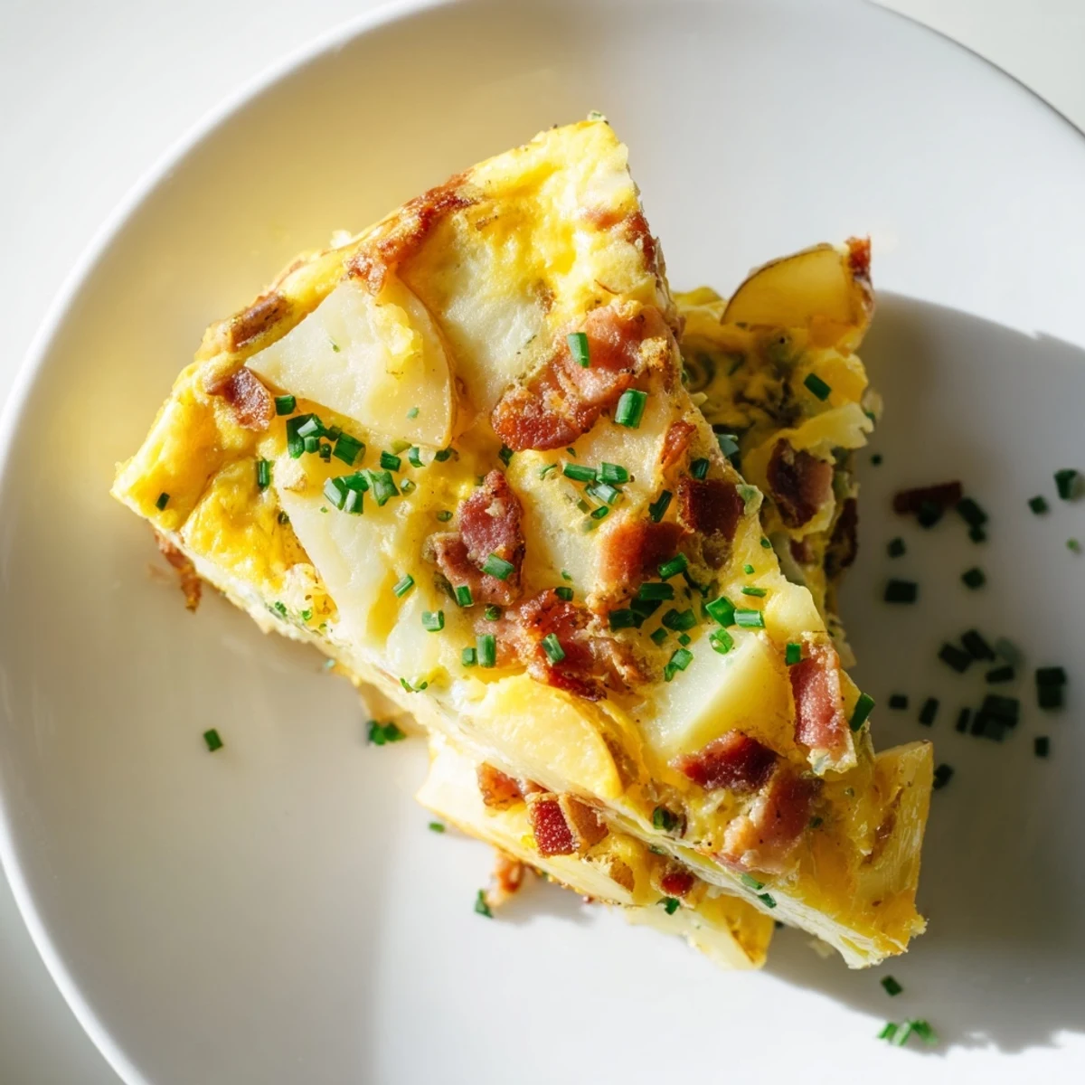 Freshly baked Bacon Potato Frittata in a cast iron skillet, showcasing a fluffy, golden-brown texture and savory garnishes.