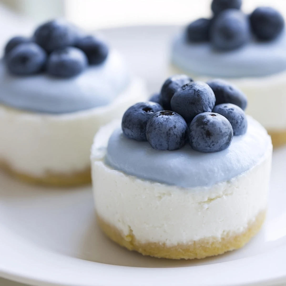 Blueberry Mousse Cheesecake displayed on a serving platter, topped with a vibrant blueberry mousse and mint leaves for a festive occasion.