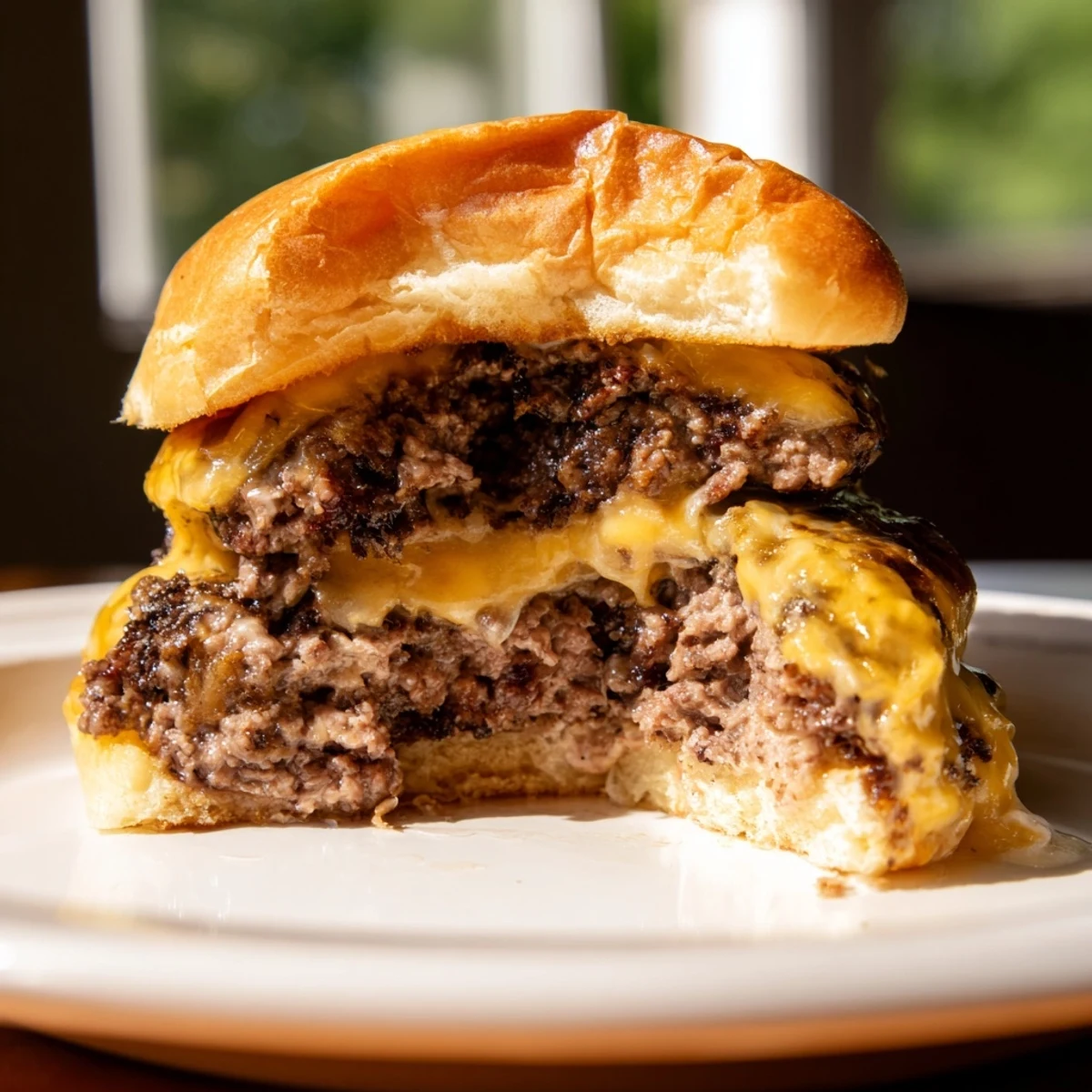 A close-up of a Flying Dutchman Burger with crisp lettuce and dill pickle slices between cheesy layers.