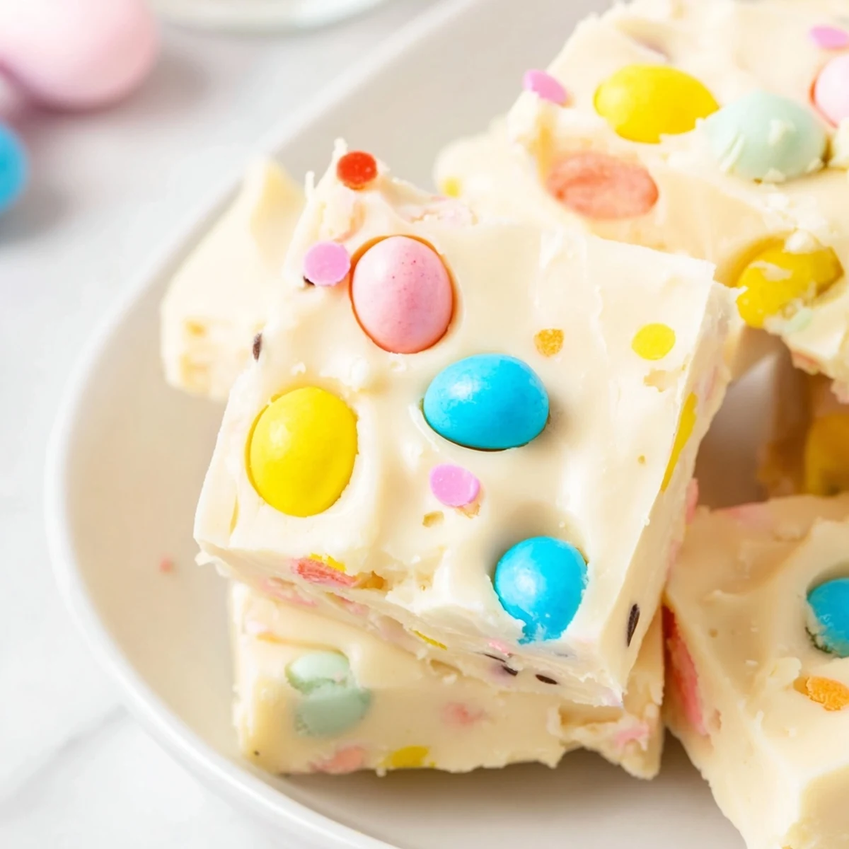 Creamy Easter Fudge squares with pastel candy eggs and sprinkles, displayed on a marble board for a festive spring dessert.