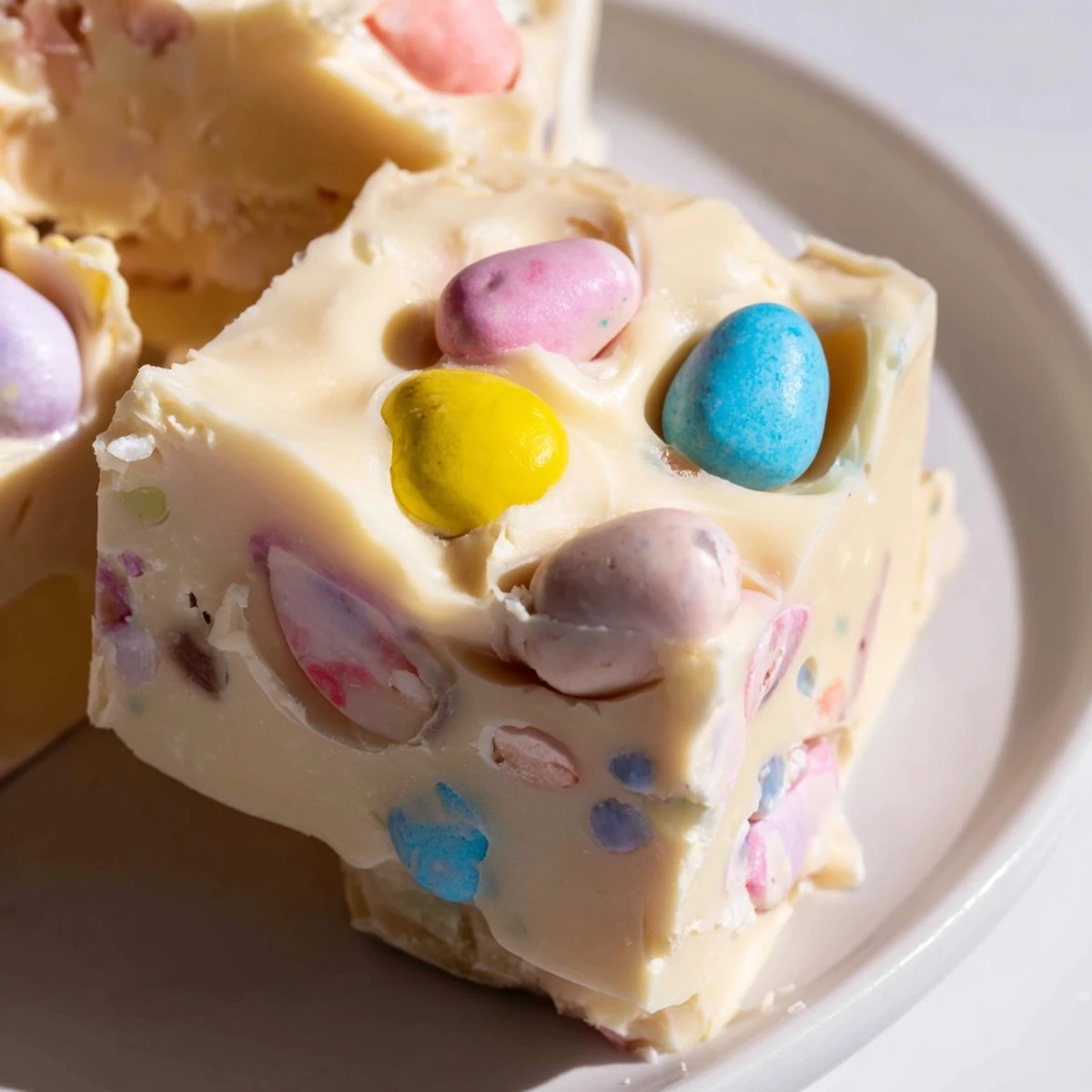 A close-up of homemade Easter Fudge pieces, showing the smooth white chocolate texture and colorful candy toppings on a rustic surface.