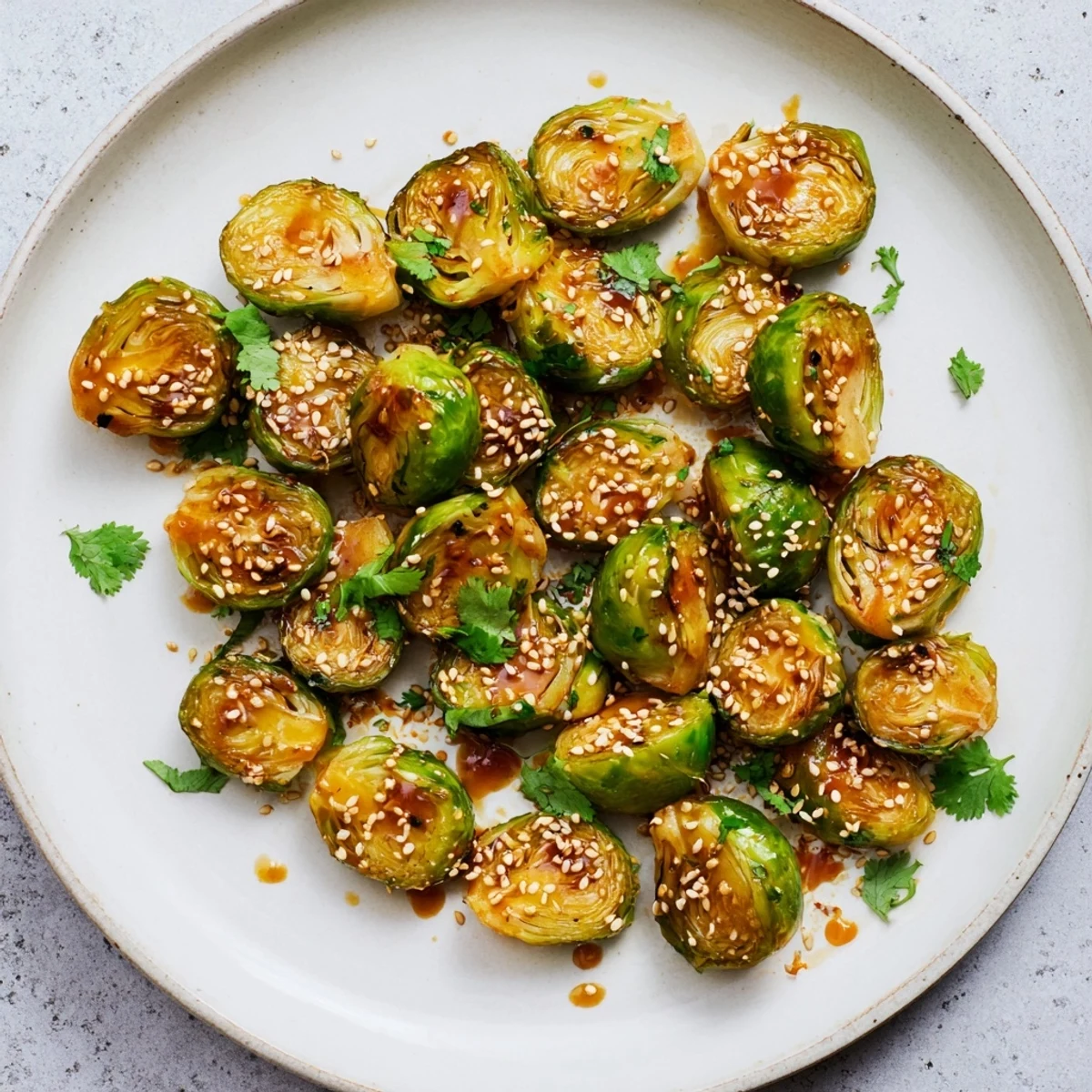 Golden-brown Honey Sriracha Brussels Sprouts are glistening on a plate, garnished with fresh cilantro and sesame seeds for a flavorful side dish.