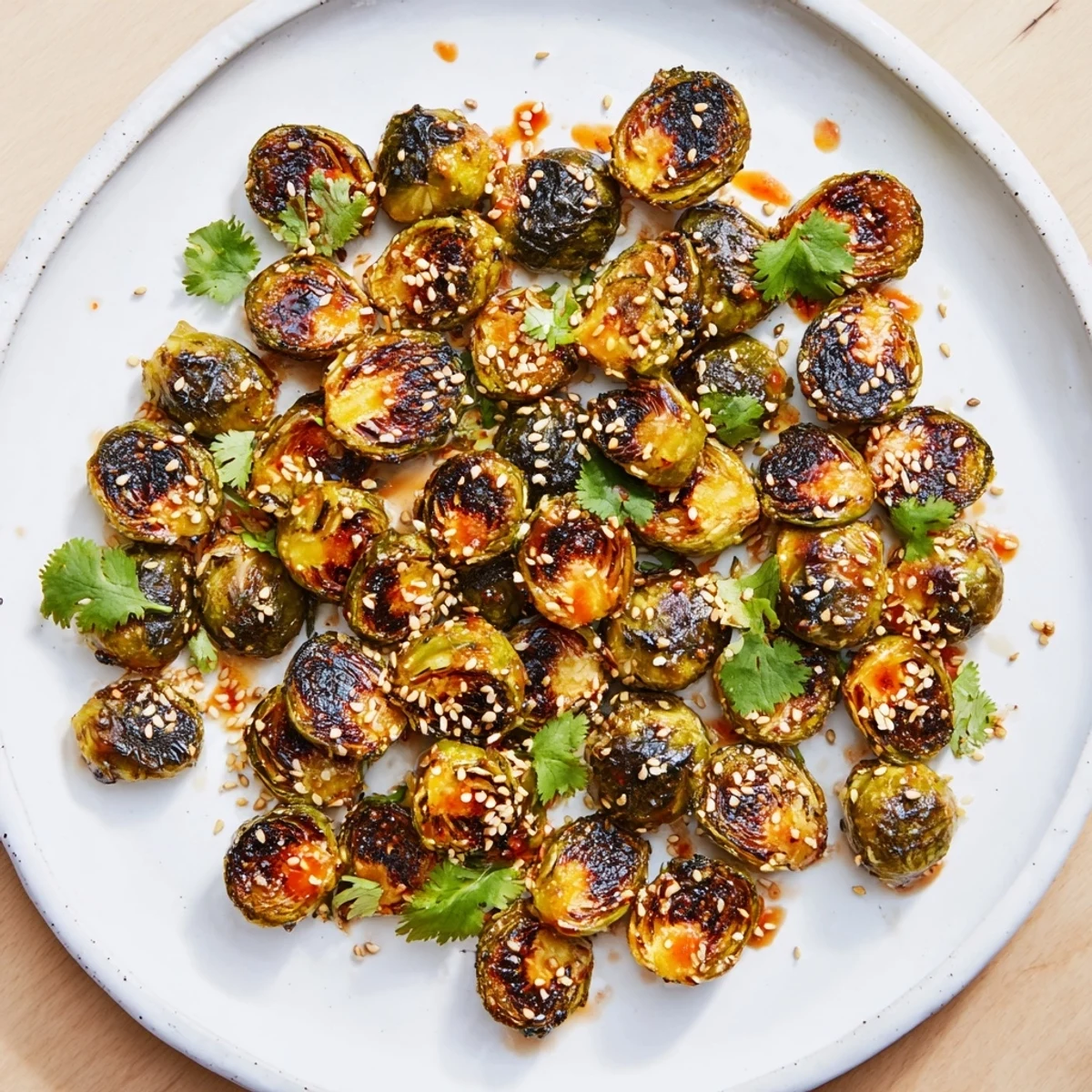 The finished Honey Sriracha Brussels Sprouts sit in a rustic serving bowl, steam rising from the caramelized edges and fresh scallions on top.