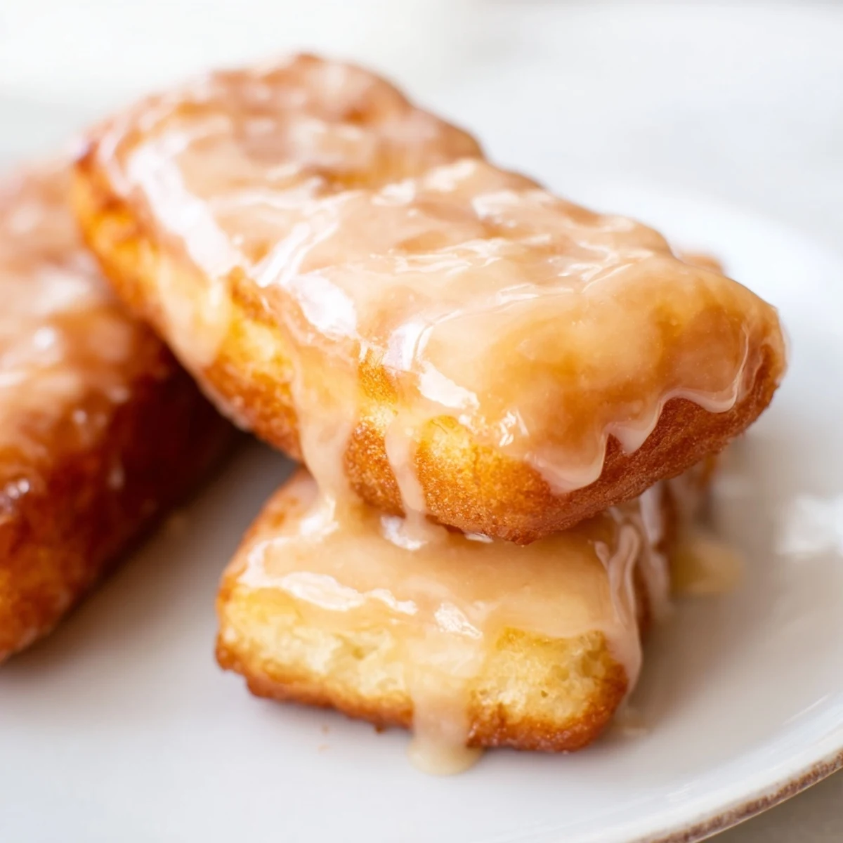 Warm Maple Donut Bars stacked on a plate, dusted with powdered sugar and paired with a mug of coffee.