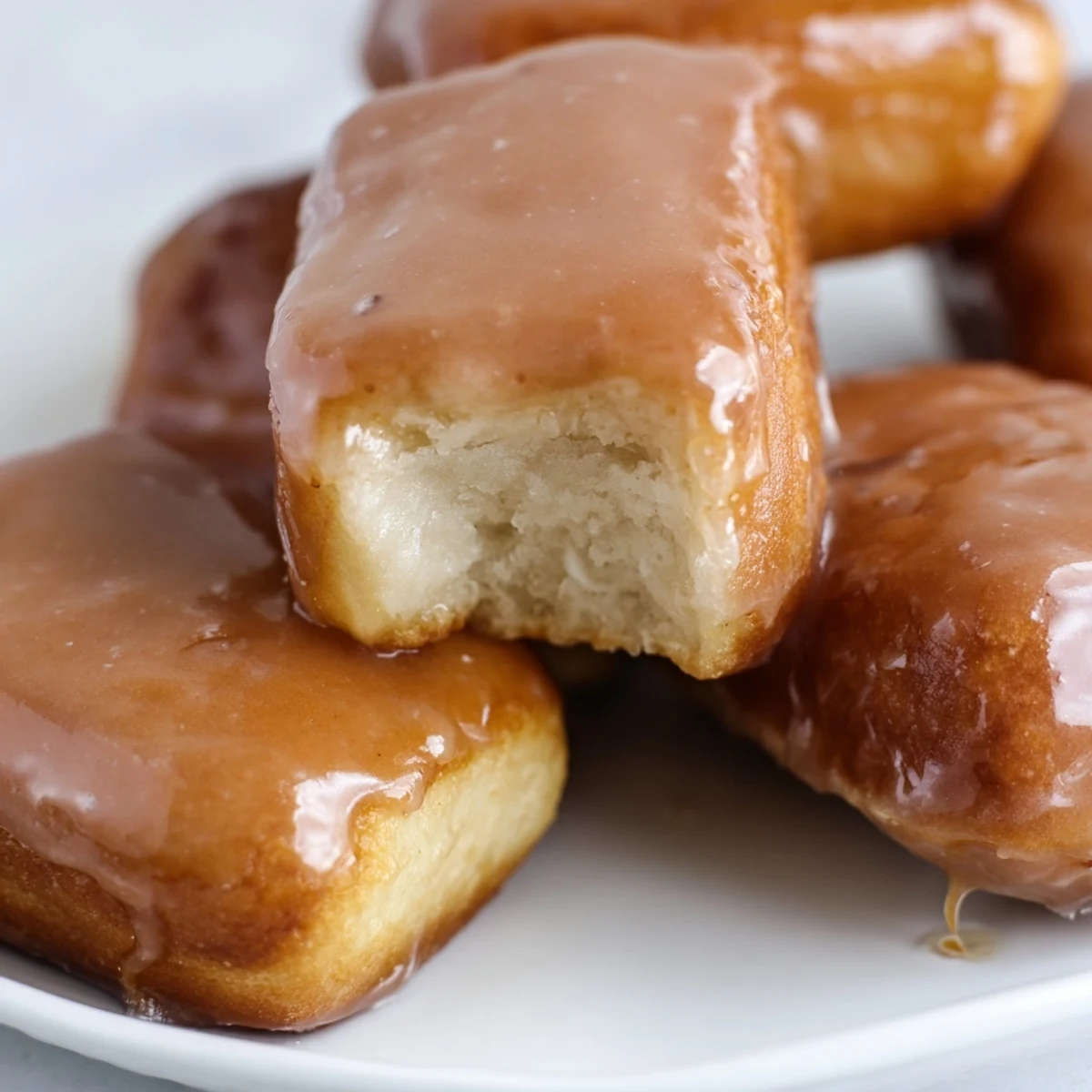 Freshly fried Maple Donut Bars arranged on a wire rack with a glossy maple glaze dripping down the sides.