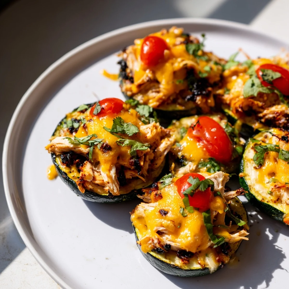 Roasted zucchini rounds topped with smoky BBQ chicken and melted cheese for Cheesy BBQ Chicken Zucchini Nachos.