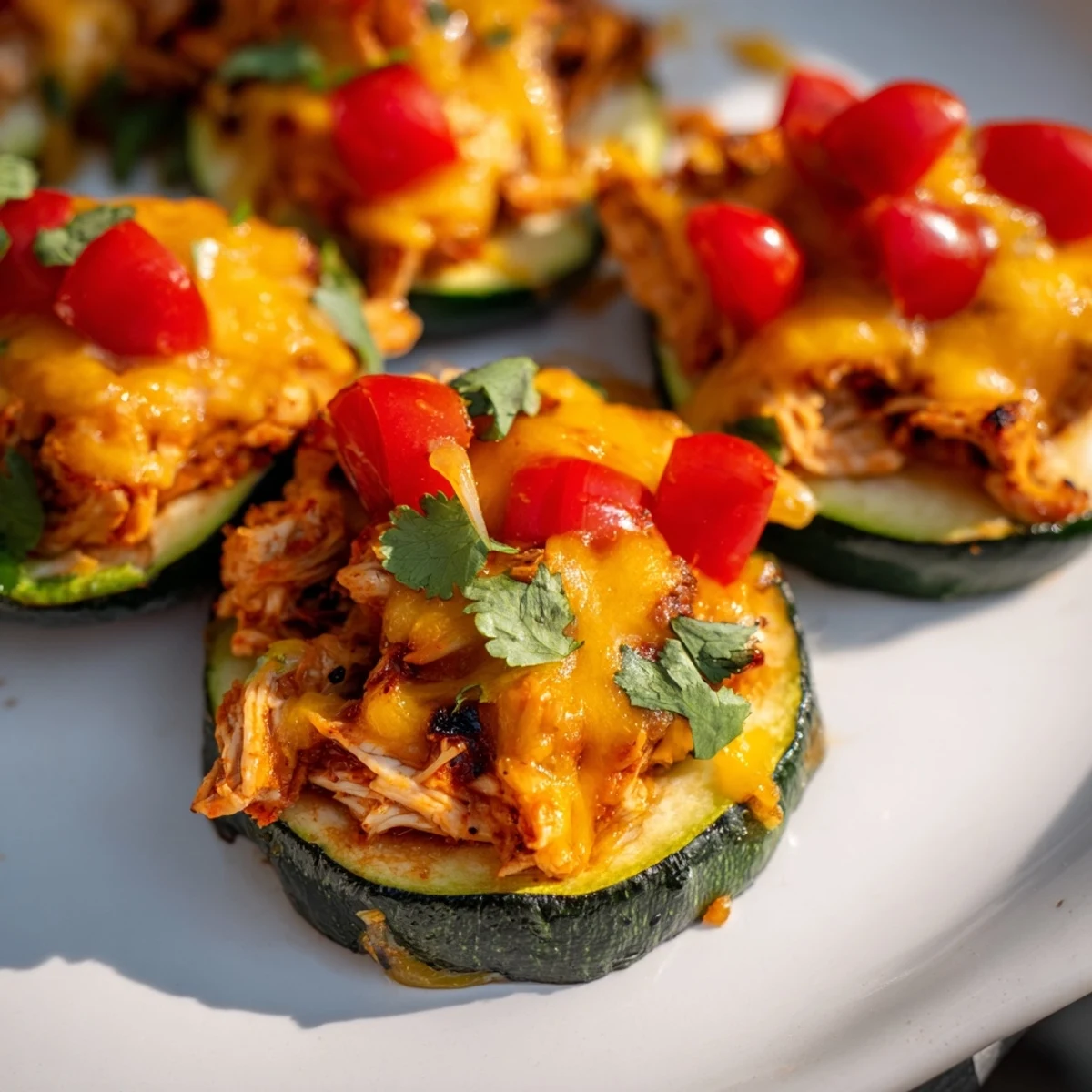 A close view of golden zucchini nachos drizzled with sour cream and lime wedges for a low-carb meal.