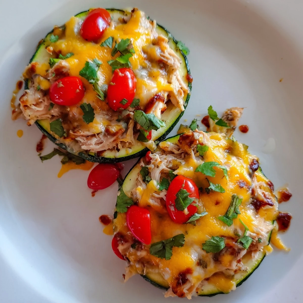 Cheesy BBQ Chicken Zucchini Nachos are served with fresh garnishes like tomatoes, red onion, and jalapeños.