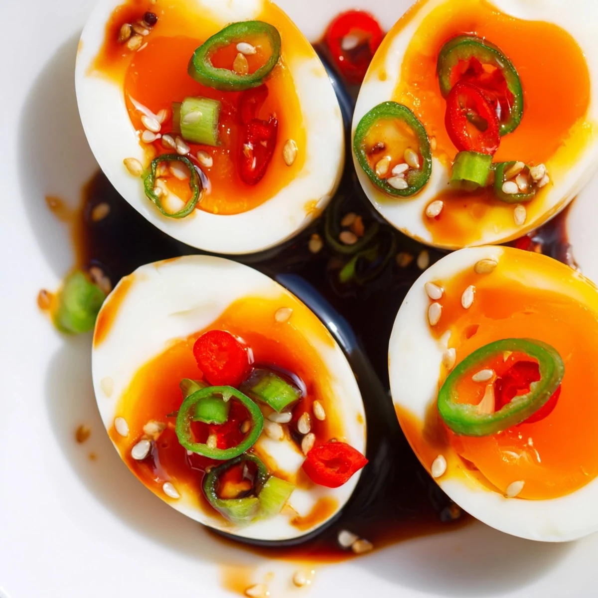 Golden soy-marinated Korean eggs glistening with sesame oil and green onions, served halved over warm steamed rice.