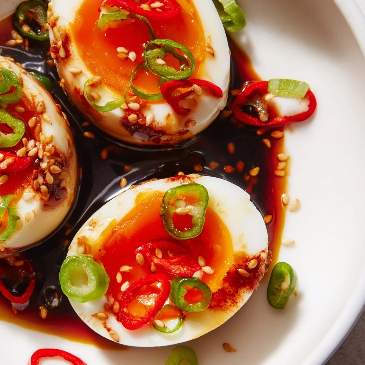 Jammy soft-boiled eggs soaked in a sweet and spicy Korean marinade with garlic and chili slices.
